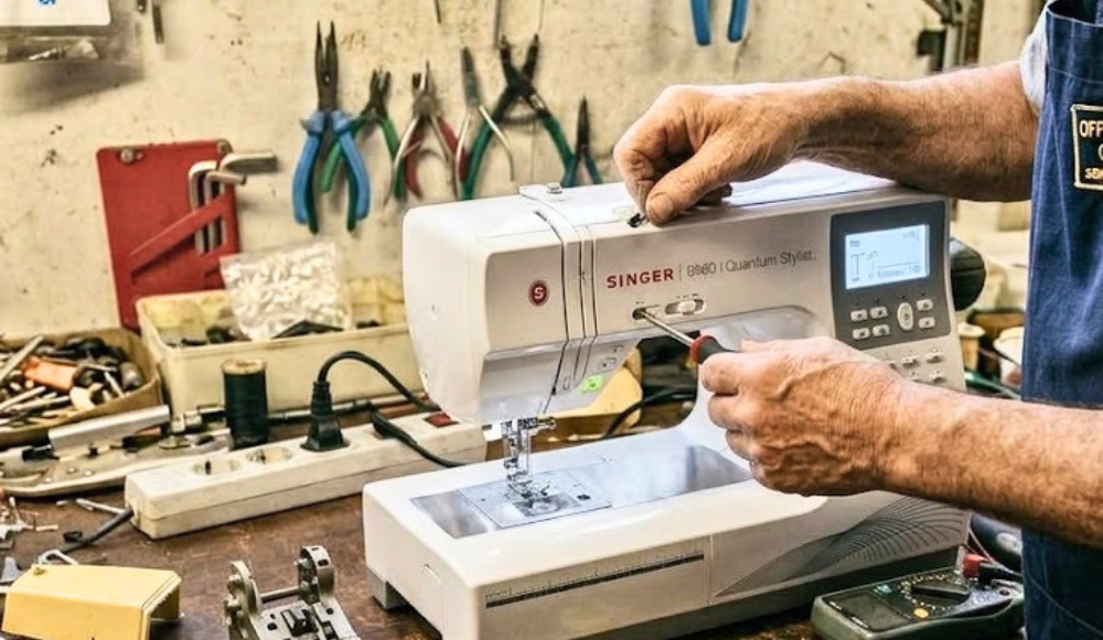 Tecnico controlla una macchina da cucire aperta sul banco del laboratorio di Correggio